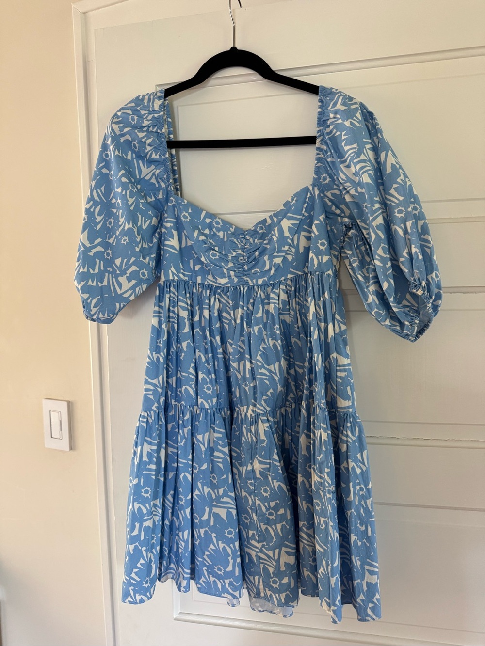 Amanda Uprichard Sky Blue & White Floral Puff-Sleeve Mini Dress